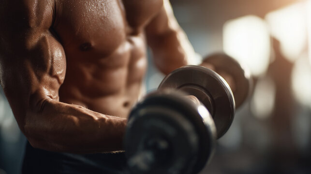 A muscular man with defined abs and biceps lifting a dumbbell in a gym