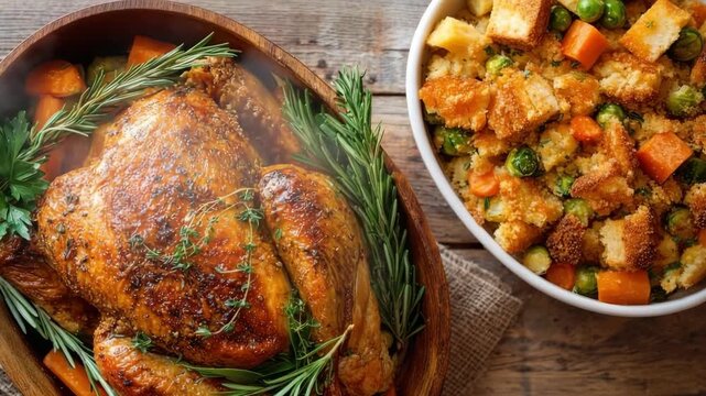 Roasted chicken with herbs and stuffing in rustic wooden and ceramic bowls on table. Make-Ahead Thanksgiving Dishes concept of holiday meal