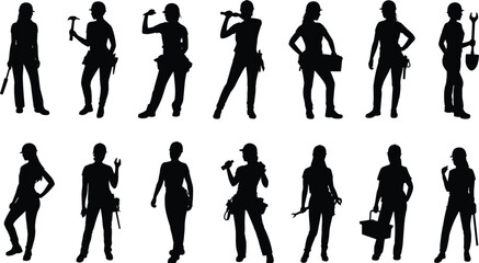 Female construction worker silhouettes set, women builders holding tools isolated black shadow figures collection for design