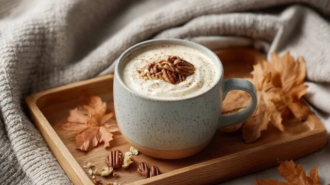 Warm autumn drink topped with whipped cream and pecans on cozy wooden tray. Latte with maple syrup and pecan garnish in a ceramic cup on a wooden tray autumn leaves scattered around