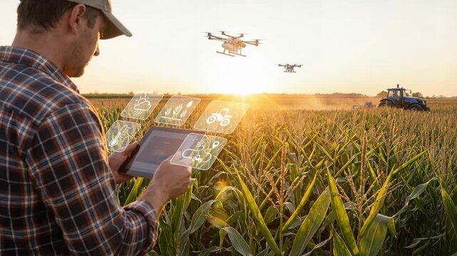 Digital agriculture farmer uses tablet and sensor to monitor corn crop irrigation weather and drone survey with autonomous tractor harvest innovation