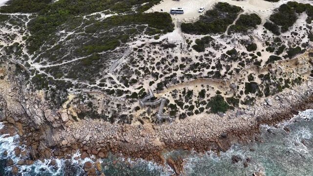 Pelamis Point, Sleaford, South Australia &ndash; 4K Aerial Drone Footage of Fishery Bay, rocky headlands, limestone cliffs, ocean waves, rugged Eyre peninsula coastline in Lincoln National Park.