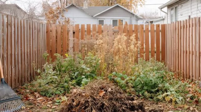 Backyard garden with overgrown plants hay pile and rake near wooden fence. concept of seasonal yard cleanup