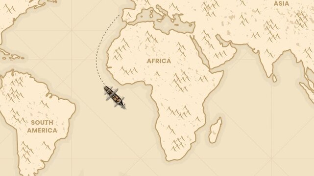Vintage style nautical map showing historic ship route across the Indian Ocean