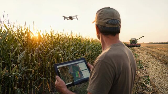 Farmer tablet drone corn field sunset crop health digital agriculture farmer holding tablet monitoring drone survey showing field map equipment