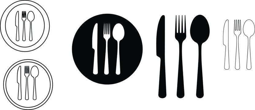 Set of restaurant cutlery icons including knife fork and spoon in various styles such as circular buttons solid black silhouettes and linear outlines isolated on white
