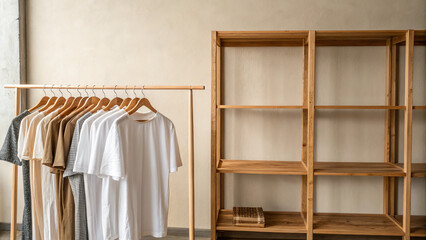 Clothes hanging on a rack beside a wooden shelf in a simple store setting during daytime