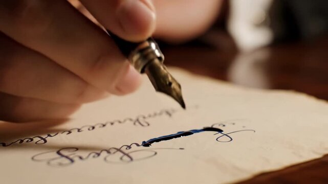 Hand holding a fountain pen writing on aged paper with elegant calligraphy.