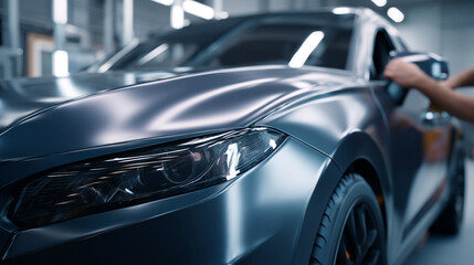 Fototapeta premium A person polishing a sleek dark grey sports car in a modern garage