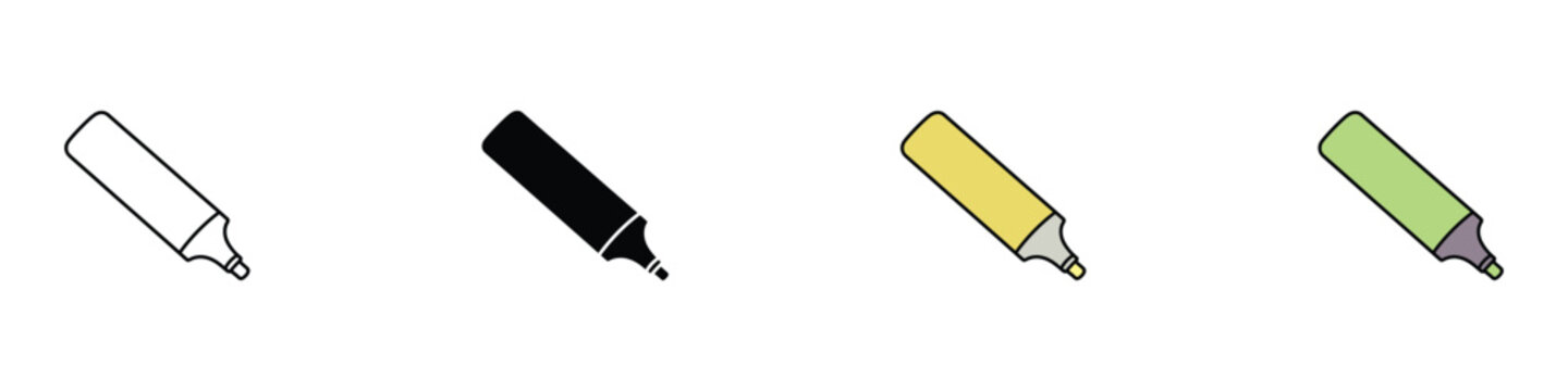 Highlighter pen and permanent marker icon set vector. Fluorescent felt-tip pen for office supplies and school stationery. Vector Illustration.