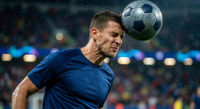 Soccer player hitting the ball with a header in the rain