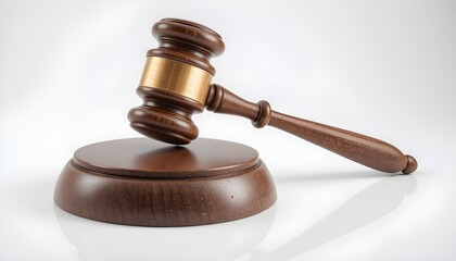 Isolated on a white background is the judge's judgment gavel hammer. timber stand and wooden auction hammer. The concept of law and justice