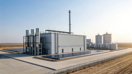 Obraz premium A modern industrial facility with large storage tanks and a central building surrounded by solar panels in a dry, open landscape.