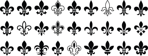 Rows of black and white fleur de lis emblems with intricate designs on white background symbol heraldry © MdAbdur