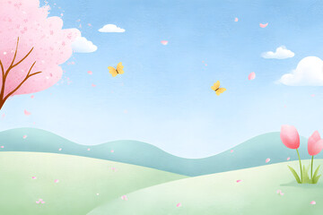 Soft spring landscape illustration with hills, flowers and pastel colors, background material