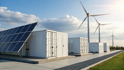 Obraz premium Solar panels and wind turbines generate renewable energy beside white industrial containers under a partly cloudy sky.