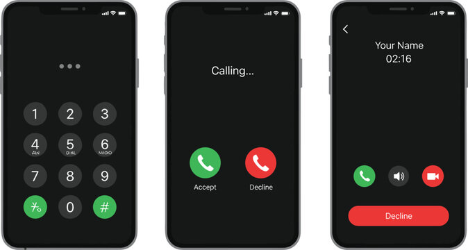 Smartphone call screen interface template with dark mode UI including numeric keypad calling screen and active call display with accept and decline buttons