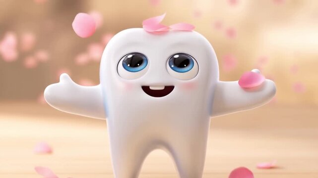 A tooth character catches falling rose petals with joy. Romantic 3D animation for dental clinic spring, love, and beauty themes.