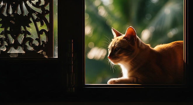 A serene orange cat gazes out of a window with a decorative grille