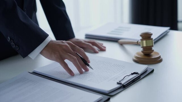 Lawyer holding pen checking documents with gavels on desk