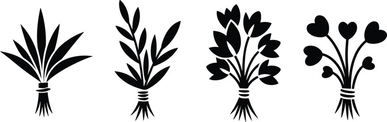 Four black silhouette bouquets of herbs and plants tied with string leaves © MdAbdur