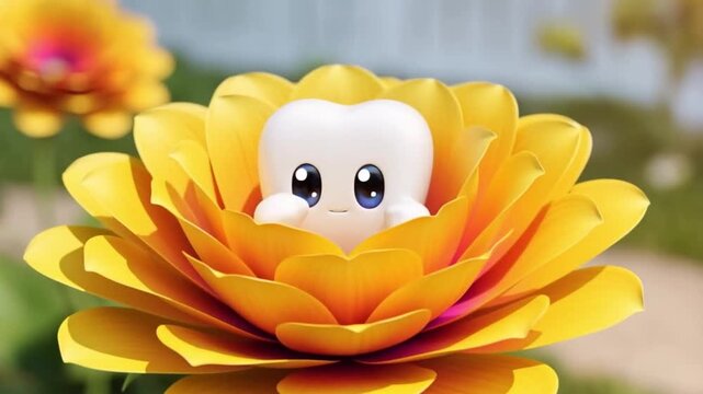A tooth character emerges from a blooming flower bud. Symbolic 3D animation for dental clinic new beginnings and spring themes.