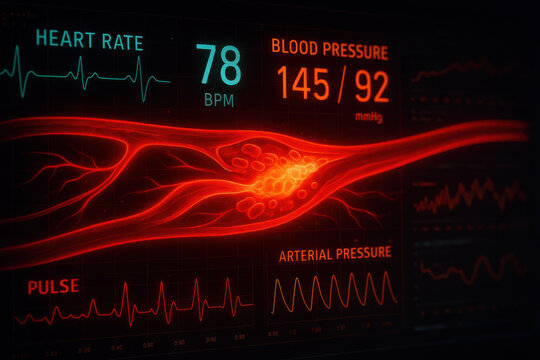 High tech medical monitor screen displays critical cardiovascular analysis. glowing red blood vessel with dangerous heart blockage alongside vital signs data and graphs