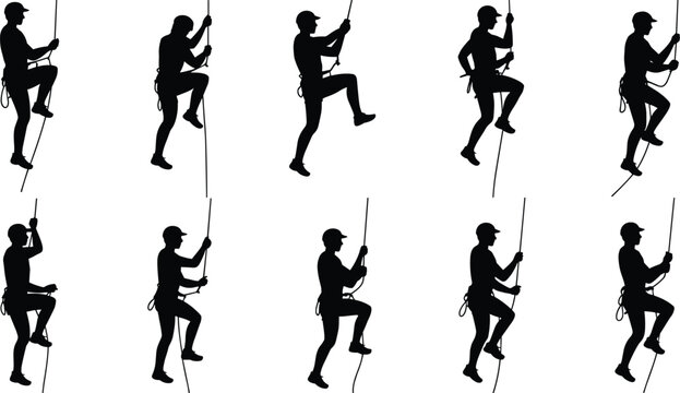 Rope access worker silhouettes set, industrial climbers with safety harness ascending isolated black shadow figures collection