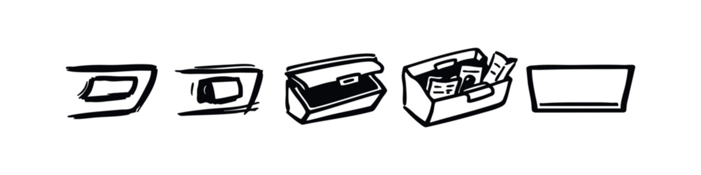 Hand drawn 'OK' symbol and business related icons set in sketch style, briefcase, documents box, and empty container vector.