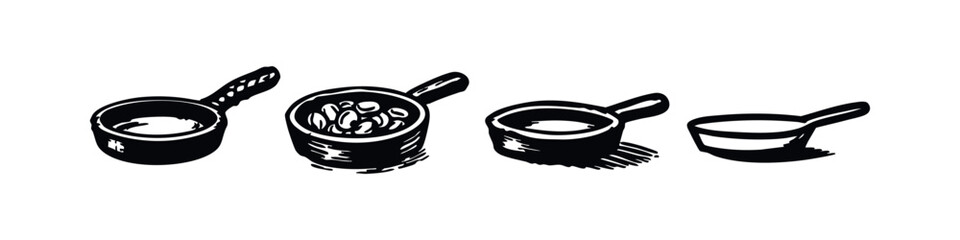 Fototapeta premium Hand-drawn set of measuring cups and scoops, some containing beans or liquid, for culinary and ingredient themes.