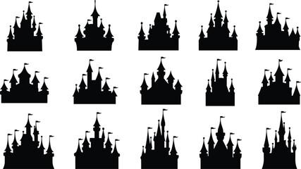 Collection of fifteen black silhouette fairytale castle icons with flags fantasy © MdAbdur