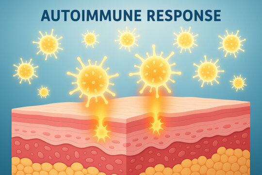 Medical illustration showing autoimmune response. immune system with glowing particle causes damage to human skin layer, concerning health disorder and condition