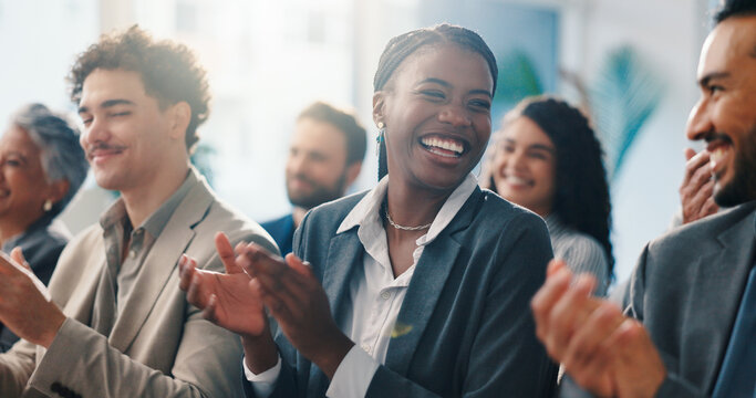Conference, smile and applause with team of business people, celebrate goal or excited. Clap, seminar and happy audience at workshop for achievement, excellence and success in corporate office