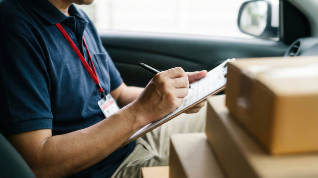 Delivery driver holding package writing note in car for fast parcel service
