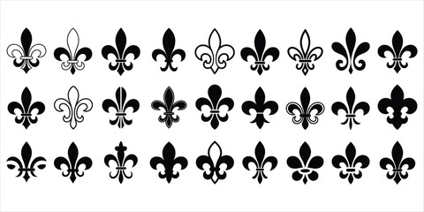 Collection of black and white fleur de lis symbols in rows on white background emblem heraldry © MdAbdur