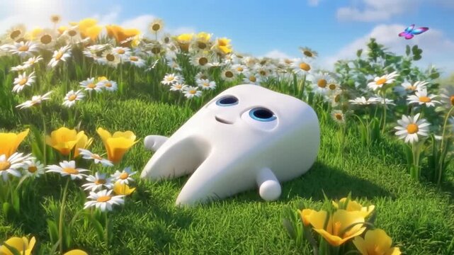 A tooth character relaxes in a flower meadow on a spring day. Peaceful 3D animation for dental clinic wellness and serenity themes.