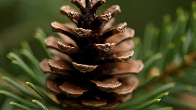 A macro closeup of a dry brown pine cone from a coniferous fir tree creates a natural winter decoration isolated against a forest background