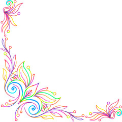 Abstract floral background with a colorful rainbow vector design featuring summer flowers and a swirl pattern frame for a creative nature backdrop