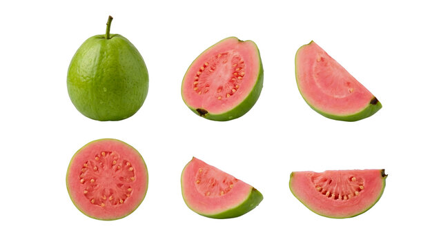 Fresh pink guava fruit collection with whole, halves and slices, isolated PNG with Transparent Background.