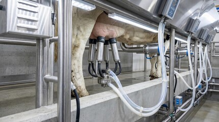 Fototapeta premium Close-up of Automated Milking Machine System in Modern Dairy Farm, Industrial Milk Production and AgTech Concept.