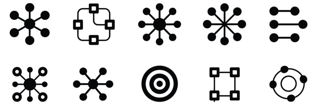 Network icon set glyphs, connectivity connection node and link symbols, nodes and links icons collection for ranked technology graphics, data network visualization, server systems