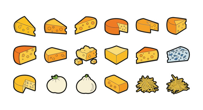 Variety of cheese types displayed.