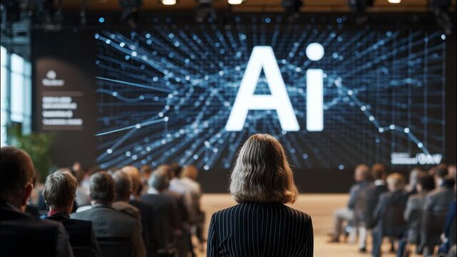 Audience watching AI presentation on large screen at conference  