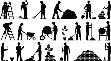 Worker silhouettes, construction and gardening illustration, ladder and rake art, shovel and wheelbarrow design, landscaping labor concept, workforce representation © MstParvin