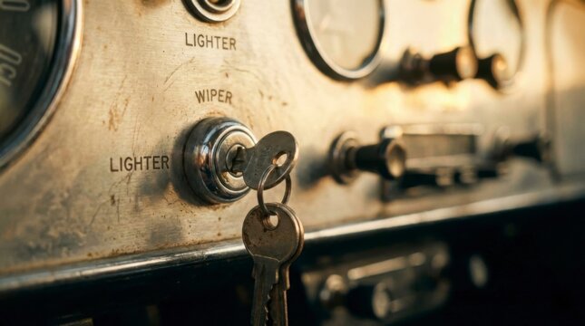 Vintage car ignition and lighter switch detail with keys in the lock