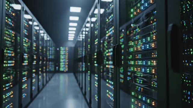 Rows of server racks in a data center with glowing lights.