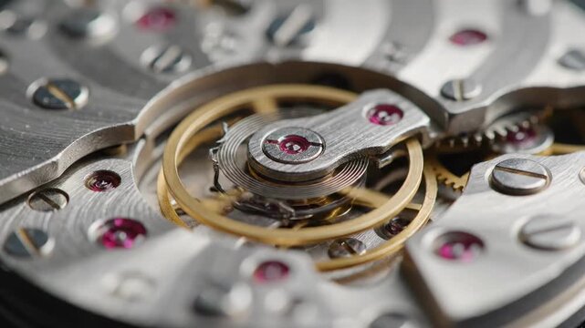Intricate mechanical watch movement with exposed gears and jewels.