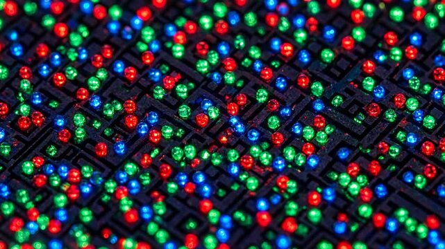 Green nano technology glowing pixel LED array on electronic circuit board with red blue and green diodes forming dense vibrant microscopic matrix