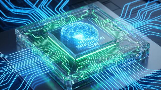 Green nano technology powered neural innovation core chip circuit motherboard processor technology glowing pathways futuristic sustainable computing