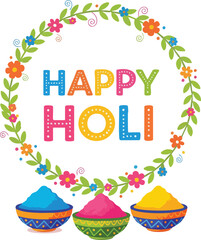 Fototapeta premium Happy holi greeting card with colorful powder bowls and floral wreath illustration